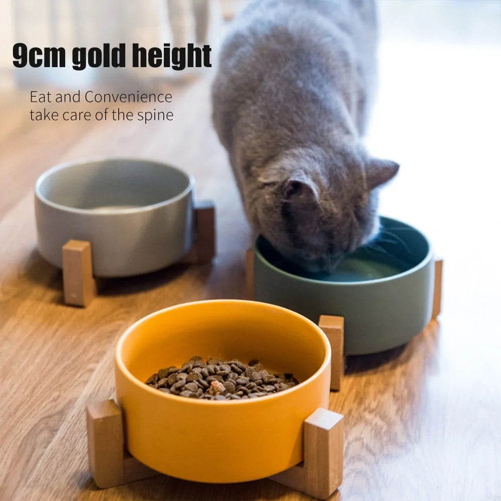 Pet Luxe Market™ Ceramic Raised Cat Bowl With Wood Stand